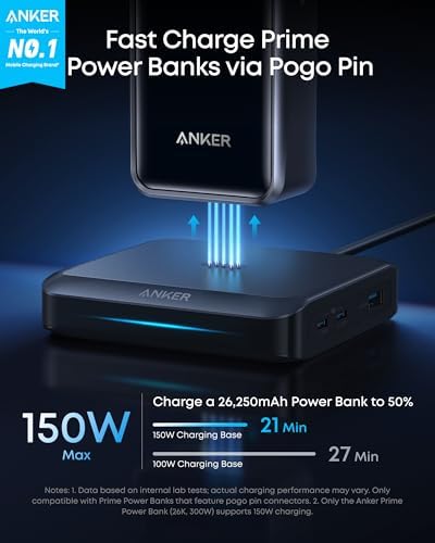 Anker Charging Base  150W Max Charging for 4 Devices  Works with Prime Power Banks with Pogo Pin  for MacBook Pro/Air  Dell  iPhone 17/16 Series  Samsung  and More  Power Bank Not Included 