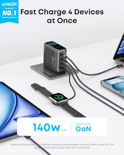 Anker Laptop Charger  140W MAX USB C Charger  4 Port Multi Device Fast Charging  Advanced GaN Power Adapter  Intuitive Touch Controls  for MacBook  iPhone 16 Series  Samsung Galaxy  Pixel  and More