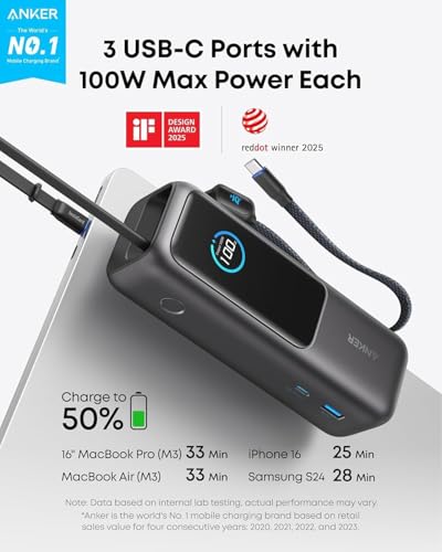 Anker Banco de energía para laptop, cargador portátil de 25,000 mAh con puertos USB-C triples de 100 W, cables integrados y retráctiles, para iPhone serie 16/15, MacBook, Samsung y más (aprobado por