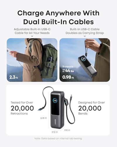 Anker Banco de energía para laptop, cargador portátil de 25,000 mAh con puertos USB-C triples de 100 W, cables integrados y retráctiles, para iPhone serie 16/15, MacBook, Samsung y más (aprobado por