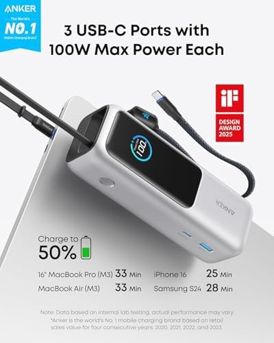 Anker Laptop Power Bank  25 000mAh Portable Charger with Triple 100W USB C Ports  Built in Retractable Cables  Flight Approved for Travel  iPhone 16/15 Series  MacBook  Samsung  and More