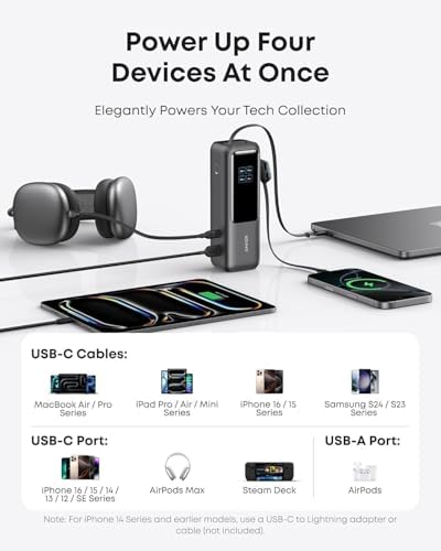 Anker Laptop Power Bank  25 000mAh Portable Charger with Triple 100W USB C Ports  Built in Retractable Cables  Flight Approved for Travel  iPhone 16/15 Series  MacBook  Samsung  and More