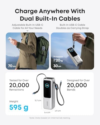 Anker Laptop Power Bank  25 000mAh Portable Charger with Triple 100W USB C Ports  Built in Retractable Cables  Flight Approved for Travel  iPhone 16/15 Series  MacBook  Samsung  and More