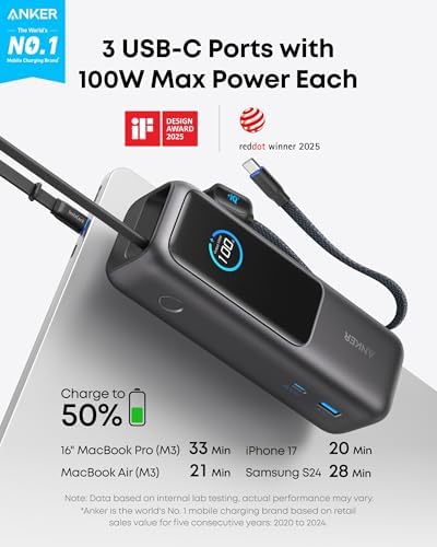 Anker Laptop Power Bank  25 000mAh Portable Charger with Triple 100W USB C Ports  Built in Retractable Cables  Flight Approved for Travel  iPhone 17/16 Series  MacBook  Samsung  and More