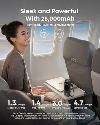Anker Laptop Power Bank  25 000mAh Portable Charger with Triple 100W USB C Ports  Built in Retractable Cables  Flight Approved for Travel  iPhone 17/16 Series  MacBook  Samsung  and More