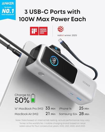 Anker - Batería portátil para laptop de 25,000 mAh con tres puertos USB-C de 100 W, cables retráctiles incorporados, aprobado para vuelos, para iPhone serie 17/16, MacBook, Samsung y más