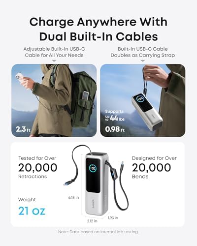 Anker - Batería portátil para laptop de 25,000 mAh con tres puertos USB-C de 100 W, cables retráctiles incorporados, aprobado para vuelos, para iPhone serie 17/16, MacBook, Samsung y más