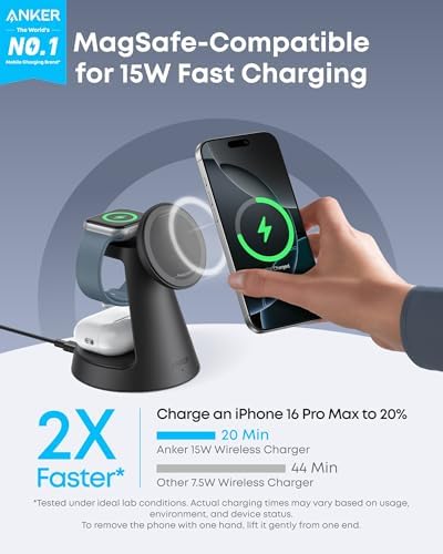 Anker MagSafe Charger Compatible  MagGo 3 in 1 Charging Station  Nano Charging Stand  Qi2 Certified 15W Magnetic Wireless Charger Dock  for iPhone17/16/15/14  Apple Watch AirPods  Adapter Included 