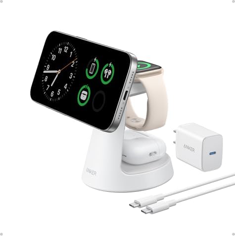 Anker MagSafe Charger Compatible  MagGo 3 in 1 Charging Station  Nano Charging Stand  Qi2 Certified 15W Magnetic Wireless Charger Dock  for iPhone17/16/15/14  Apple Watch AirPods  Adapter Included 