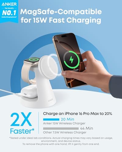 Anker MagSafe Charger Compatible  MagGo 3 in 1 Charging Station  Nano Charging Stand  Qi2 Certified 15W Magnetic Wireless Charger Dock  for iPhone17/16/15/14  Apple Watch AirPods  Adapter Included 