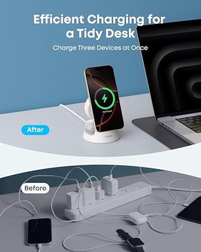 Anker MagSafe Charger Compatible  MagGo 3 in 1 Charging Station  Nano Charging Stand  Qi2 Certified 15W Magnetic Wireless Charger Dock  for iPhone17/16/15/14  Apple Watch AirPods  Adapter Included 