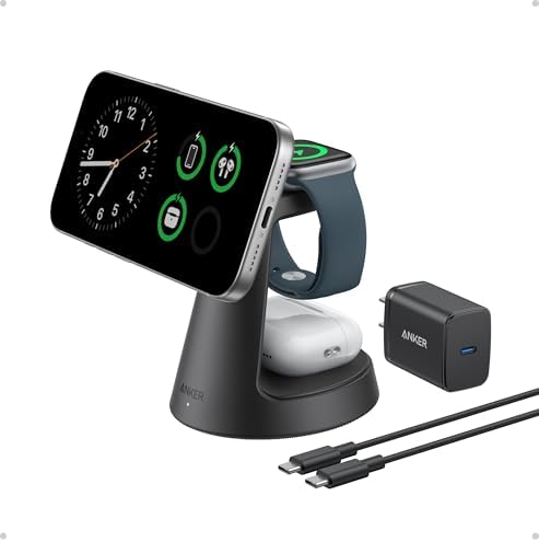Anker MagSafe Charger Compatible  MagGo 3 in 1 Charging Station  Nano Charging Stand  Qi2 Certified 15W Magnetic Wireless Charger Dock  for iPhone17/16/15/14  Apple Watch AirPods  Adapter Included 