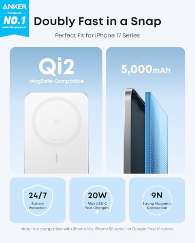 Anker Nano MagSafe Power Bank  Ultra Slim 5 000mAh Magnetic Wireless Charging Battery  Qi2 Certified 15W Max MagSafe Compatible Portable Charger  Ergonomic Design  for iPhone Air/17/16 Series