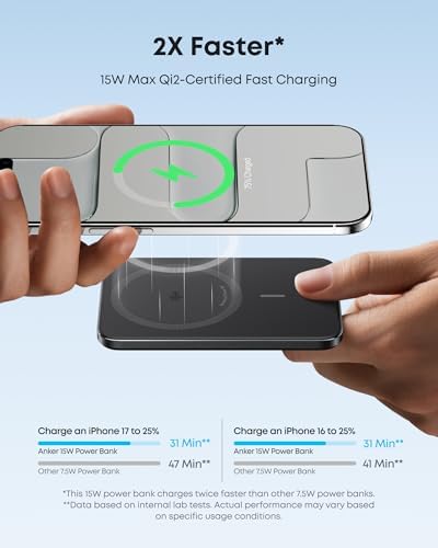 Anker Nano MagSafe Power Bank  Ultra Slim 5 000mAh Magnetic Wireless Charging Battery  Qi2 Certified 15W Max MagSafe Compatible Portable Charger  Ergonomic Design  for iPhone Air/17/16 Series