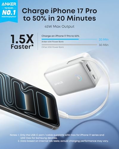 Anker Nano Portable Charger  45W 10000mAh with 2 3 ft Retractable Cable  Compact Power Bank  Travel Essential Phone Battery Pack for iPhone 17/16 Series  iPad  Galaxy  Pixel  and More