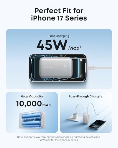 Anker Nano Portable Charger  45W 10000mAh with 2 3 ft Retractable Cable  Compact Power Bank  Travel Essential Phone Battery Pack for iPhone 17/16 Series  iPad  Galaxy  Pixel  and More