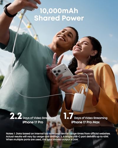 Anker Nano Portable Charger  45W 10000mAh with 2 3 ft Retractable Cable  Compact Power Bank  Travel Essential Phone Battery Pack for iPhone 17/16 Series  iPad  Galaxy  Pixel  and More