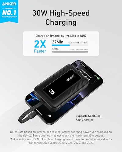 Anker Cargador portátil, banco de energía de 10,000 mAh 30 W, paquete de batería de carga rápida USB-C de entrada y salida, banco de energía esencial de viaje, para iPhone 16/15, iPad, MacBook, Galaxy