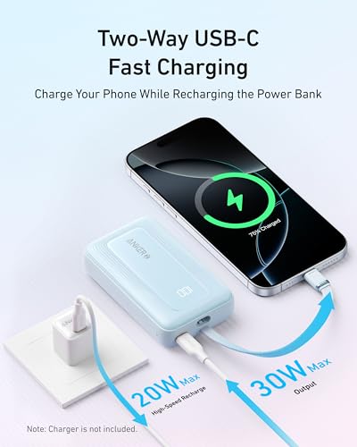 Anker Cargador portátil, banco de energía de 10,000 mAh 30 W, paquete de batería de carga rápida USB-C de entrada y salida, banco de energía esencial de viaje, para iPhone 16/15, iPad, MacBook, Galaxy