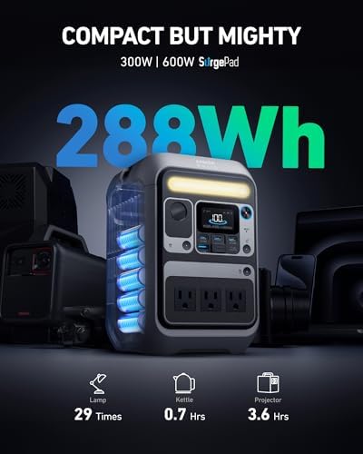 Anker Portable Power Station SOLIX C300  288Wh LiFePO4 Backup Battery  300W Solar Generator  140W Two Way Fast Charging  for Camping  Hunting  Travel  Blackout & Emergencies  Solar Panel Optional 