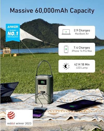 Anker Power Bank Power Station 60 000mAh Portable Outdoor Generator 87W with Smart Digital Display  Retractable Auto Lighting and SOS Mode  Home Backup PowerCore Reserve 192Wh  for Travel  Camping