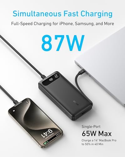 Anker Power Bank  20 000mAh Travel Essential Portable Charger with Built in USB C Cable  3 Port 87W Max Fast Charging Battery Pack  for MacBook  iPhone 16/15 Series  Samsung  Switch  and More