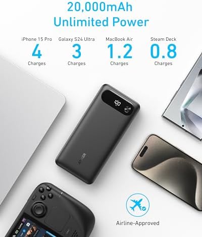 Anker Power Bank  20 000mAh Travel Essential Portable Charger with Built in USB C Cable  3 Port 87W Max Fast Charging Battery Pack  for MacBook  iPhone 16/15 Series  Samsung  Switch  and More