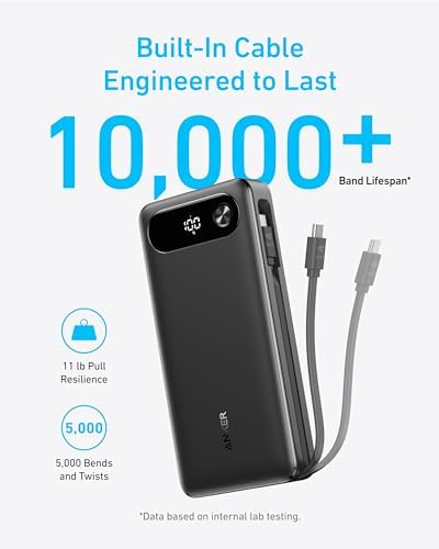 Anker Power Bank  20 000mAh Travel Essential Portable Charger with Built in USB C Cable  3 Port 87W Max Fast Charging Battery Pack  for MacBook  iPhone 16/15 Series  Samsung  Switch  and More