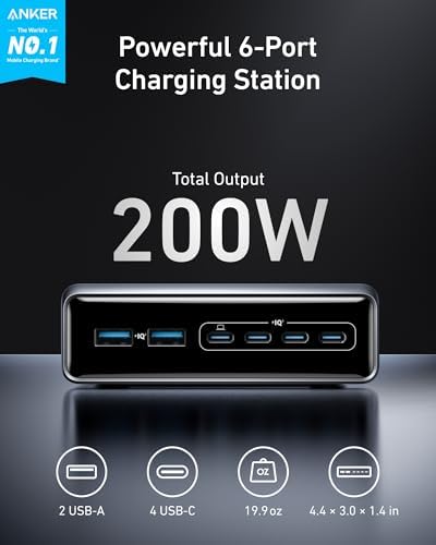 Anker Prime Charger  200W 6 Port GaN Charging Station  USB C PD Fast Charging Desktop Charger  Compatible with iPhone  Samsung  MacBook  Dell and More