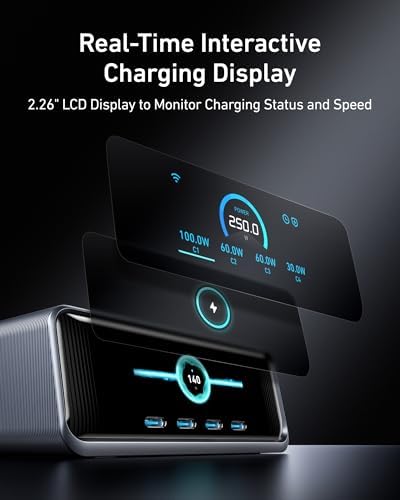 Anker Prime Charger  250W GaN Prime USB C Charging Station  Ultra Fast 6 Port  2 26 LCD Display and Smart Control Dial  Compatible with MacBook Pro/Air  iPhone 16/15/14  Galaxy  and More  Silver 