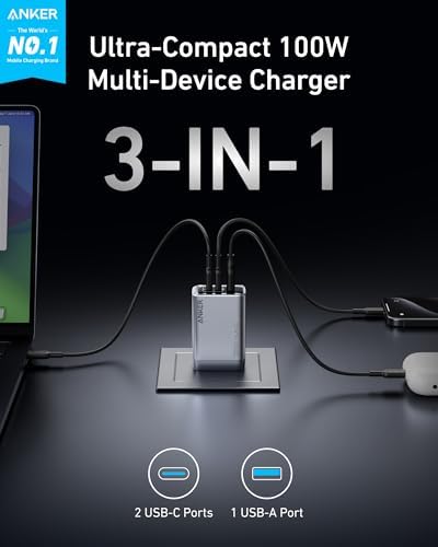 Anker Prime Charger  100W 3 Port GaN USB C Charger Block  Fast Charging wall Charger  Foldable and Compact for MacBook  iPad  iPhone 17 Series  Galaxy S24/S23  and More