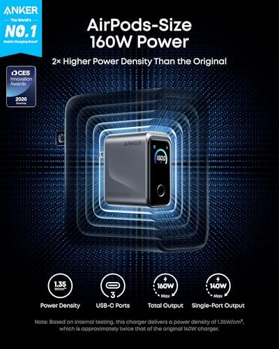Anker Prime Charger 160W 3 Port Compact GaN USB C Charger Smart Display Touch Control Up to 140W Fast Charging for One Device for MacBook Pro Laptop iPhone 17 Series Cable Not Included Non Battery 