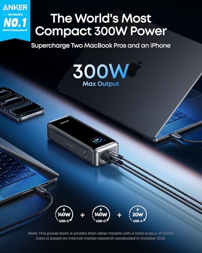 Anker Prime Power Bank  26 250mAh 3 Port Portable Charger with 300W Max Output  Two Way Charging  TSA Approved  App Control  for MacBook  iPhone 17/16 Series  and More  Base Not Included 