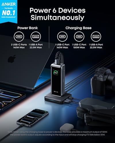 Anker Prime Power Bank and Charging Base  26 250mAh 300W Max Portable Charger with Base for 6 Devices  Two Way Charging  TSA Approved  App Control  for MacBook  iPhone 17/16 Series  and More