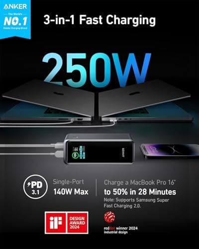 Anker Prime Power Bank  27 650mAh 3 Port 250W Portable Charger for Travel  TSA Approved  Smart App  for MacBook Pro/Air  iPhone 16/15/14 Series  Samsung  Laptops  and More  Charging Base Not Included 