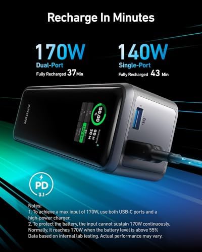 Anker Prime Power Bank  27 650mAh 3 Port 250W Portable Charger for Travel  TSA Approved  Smart App  for MacBook Pro/Air  iPhone 16/15/14 Series  Samsung  Laptops  and More  Charging Base Not Included 