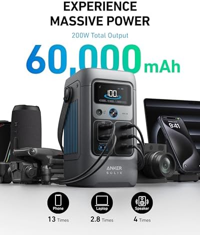 Anker SOLIX C200 DC Power Bank Station with Adjustable Strap  192Wh Portable Power Station  LiFePO4 Battery  200W Solar Generator  for Outdoor Camping  Traveling  and Emergencies 