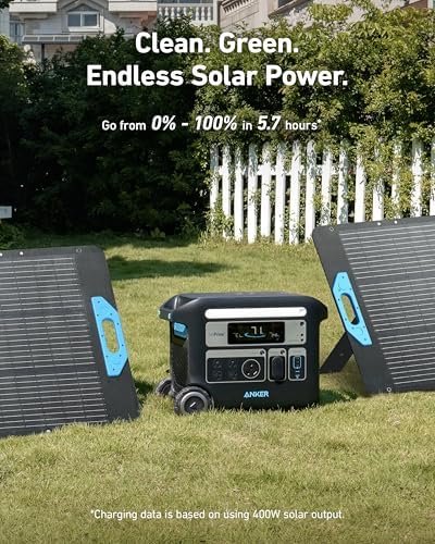 Anker SOLIX F2000 Solar Generator  2048Wh Portable Power Station with LiFePO4 Batteries and 2  200W Solar Panel  GaNPrime Technology  4 AC Outlets Up to 2400W for Home  Power Outages  Camping  and RVs