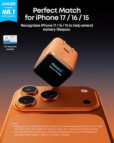 Anker Smart Display Charger  Anker Nano 45W GaN Fast Charging USB C Charger  180  Foldable Plug  Smart Recognition  Built in Care Mode  for iPhone17/16/15 Non Battery One USB C Port No Cable Included 