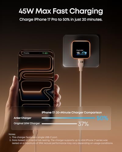 Anker Smart Display Charger  Anker Nano 45W GaN Fast Charging USB C Charger  180  Foldable Plug  Smart Recognition  Built in Care Mode  for iPhone17/16/15 Non Battery One USB C Port No Cable Included 