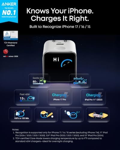 Anker Smart Display Charger  Anker Nano USB C Charger Block  45W Max GaN Phone Charger 180  Foldable Plug Smart Recognition Built in Care Mode for iPhone17/16/15 Non Battery One USB C Port No Cable