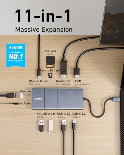 Anker USB C Hub  11 in 1 Docking Station Dual Monitor  10 Gbps USB C and USB A Data Ports  4K HDMI and DisplayPort  85W Power Delivery  2 Data Ports  Ethernet  for XPS