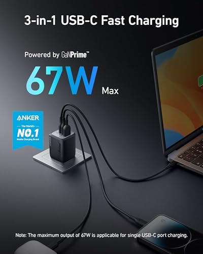 Anker USB Charger Block 67W GaN Wall Charger 3 Port Compact Fast Charging Phone Charger For MacBook Pro/Air  Pixelbook  iPad Pro  iPhone 17/16/Pro  Galaxy S23/S22  Note20  Pixel  Apple Watch  and More