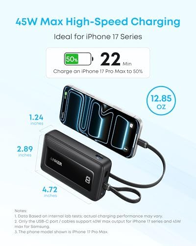Anker Zolo Power Bank  2025 Upgraded Version   45W Max Fast Charging  20 000mAh Battery Pack  Dual Built in USB C Cables  USB C&A Port  for iPhone 17/16 Series  Galaxy  MacBook  and More