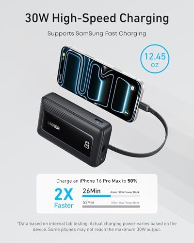 Anker Zolo Power Bank  2025 Upgraded Version   20 000mAh 30W High Speed Portable Charger with Built in USB C Cable  Battery Pack for iPhone 17/16 / 15 Series  Galaxy  and More