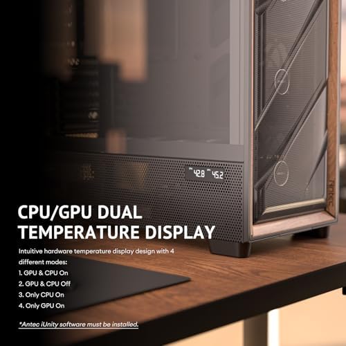 Antec Flux Pro  6 x PWM Fans Included  High Airflow Front Panel with Walnut Wood  iShift PSU 90  Mount  USB3 0 x 2  Type C  420mm Radiator Support  Temp  Display  Full Tower E ATX PC Case