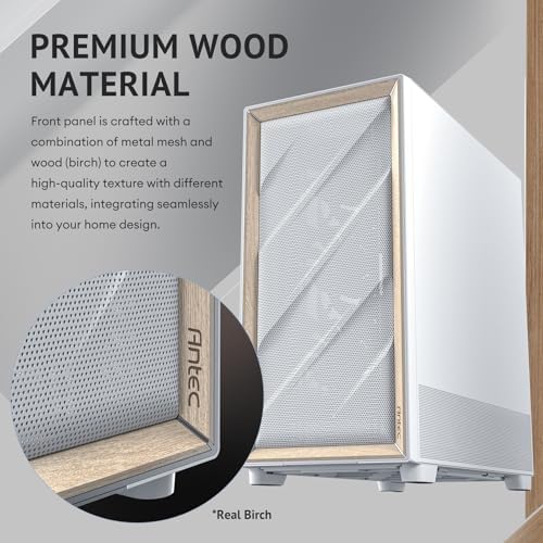 Antec Flux Wood White  5 x PWM Fans Included  High Airflow Front Panel with Birch Wood  Type C  420mm Radiator & Back Connect Motherboard Support  Up to 9 Fans Simultaneously  Mid Tower E ATX PC Case