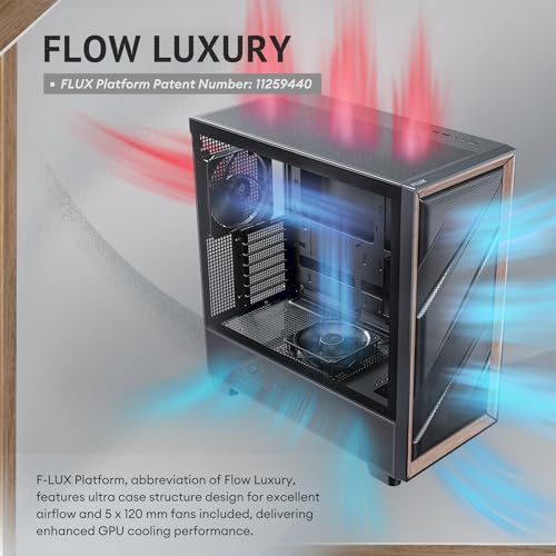 Antec Flux Wood  5 x PWM Fans Included  High Airflow Front Panel with Walnut Wood  Type C  420mm Radiator & Back Connect Motherboard Support  Up to 9 Fans Simultaneously  Mid Tower E ATX PC Case