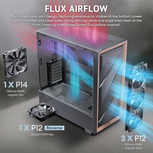 Antec Flux Wood  5 x PWM Fans Included  High Airflow Front Panel with Walnut Wood  Type C  420mm Radiator & Back Connect Motherboard Support  Up to 9 Fans Simultaneously  Mid Tower E ATX PC Case