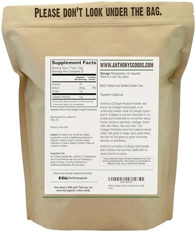 Anthonys Collagen Peptide Powder  1 lb  Pure Hydrolyzed  Gluten Free  Keto and Paleo Friendly  Grass Fed  Unflavored  Non GMO